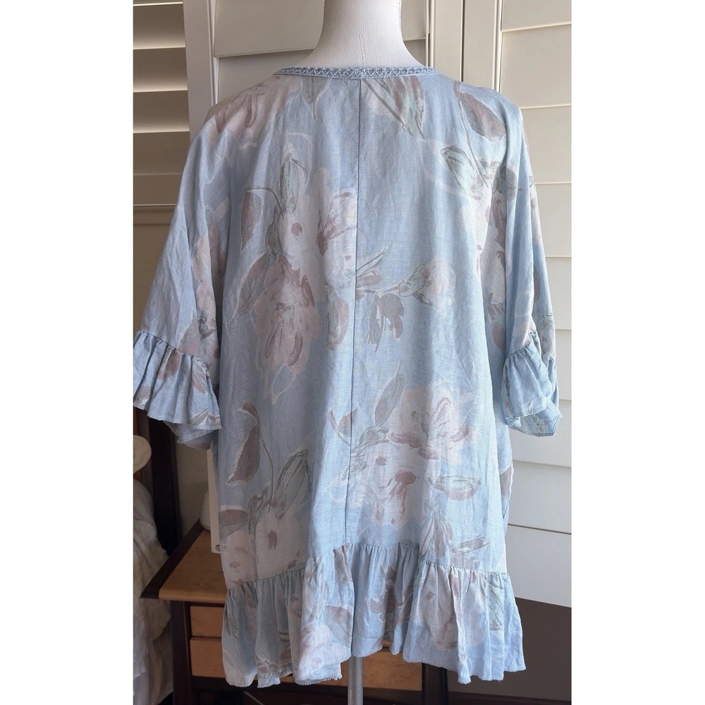 Made in Italy 100% Linen Floral Tunic Top 4X Blue Boho Ruffle Plus Women Read - Picture 5 of 9